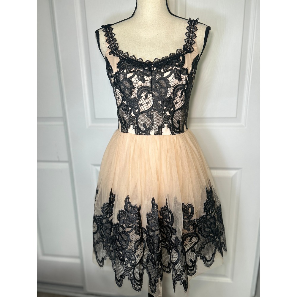 Lucy Paris Dress Lace Tulle Fit Flare Small Beige Black Sweetheart Party NWT